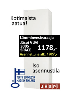 Omakotitaloihin ja rivitaloihin Jäspi VLM 300S SPACE lämminvesivaraaja isolla asennustilalla nyt edullisesti! Hinta 1178€, asennettuna 1927 €