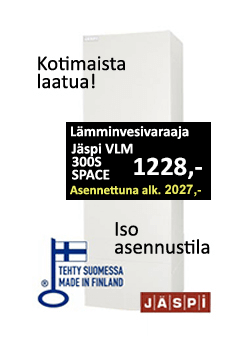 Omakotitaloihin ja rivitaloihin Jäspi VLM 300S SPACE lämminvesivaraaja isolla asennustilalla nyt edullisesti! Hinta 1228€, asennettuna 2027 €