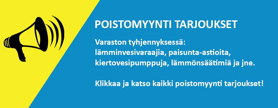 Varaston tyhjennyksessä: lämminvesivaraajia, paisunta-astioita, kiertovesipumppuja, lämmönsäätimiä ja jne. Klikkaa ja katso kaikki poistomyynti tarjoukset!