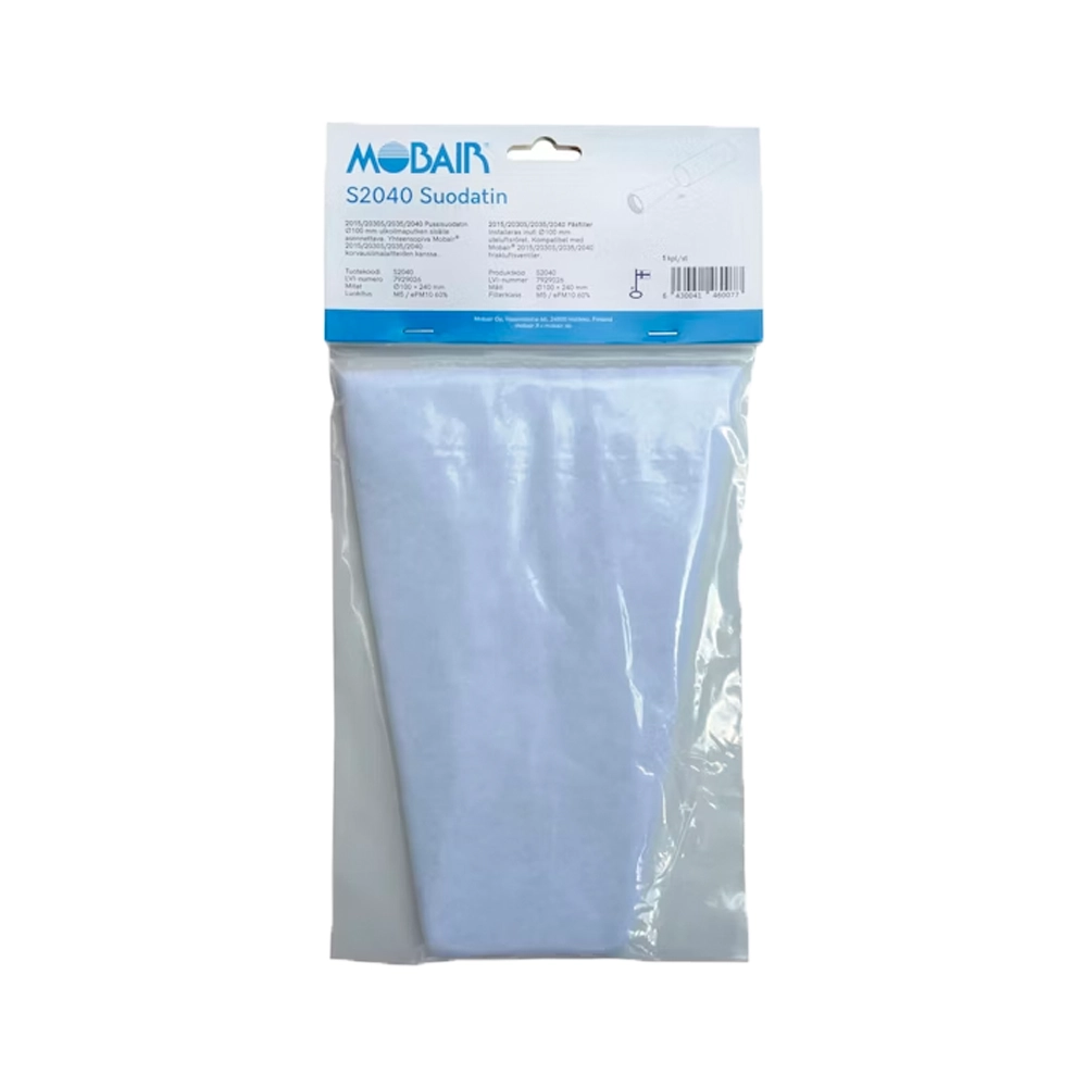 Mobair S2030/40 M5-pussisuodatin tuloilmalaitteisiin, koko 100 × 240 mm, ulkoilmaputkeen asennettava. Tuotenro: 7929026