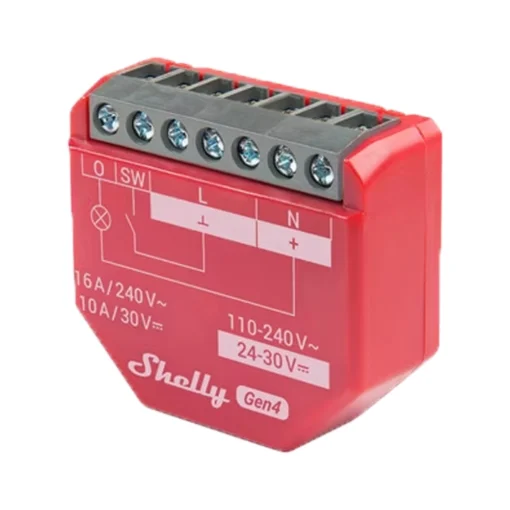 Shelly 1PM Gen4 WiFi- ja Zigbee-releyksikkö tehonmittauksella asennettuna kytkimen taakse. Tuotenro: 2616150